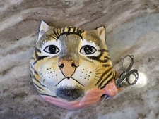 Vintage Pottery Brown Cat String & Scissor Holder  w/ scissors & string MINT