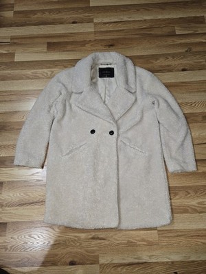 LUCKY BRAND Womens Faux Fur Shearling Button Up Long Teddy Coat White MSRP $225