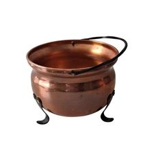 1970s Coppercraft Guild Planter Cauldron Pot with Black Metal Handle Signed CG