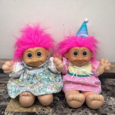 Russ Troll Doll Figure Set Pink Hair W/ Dress Happy Birthday 12" Set