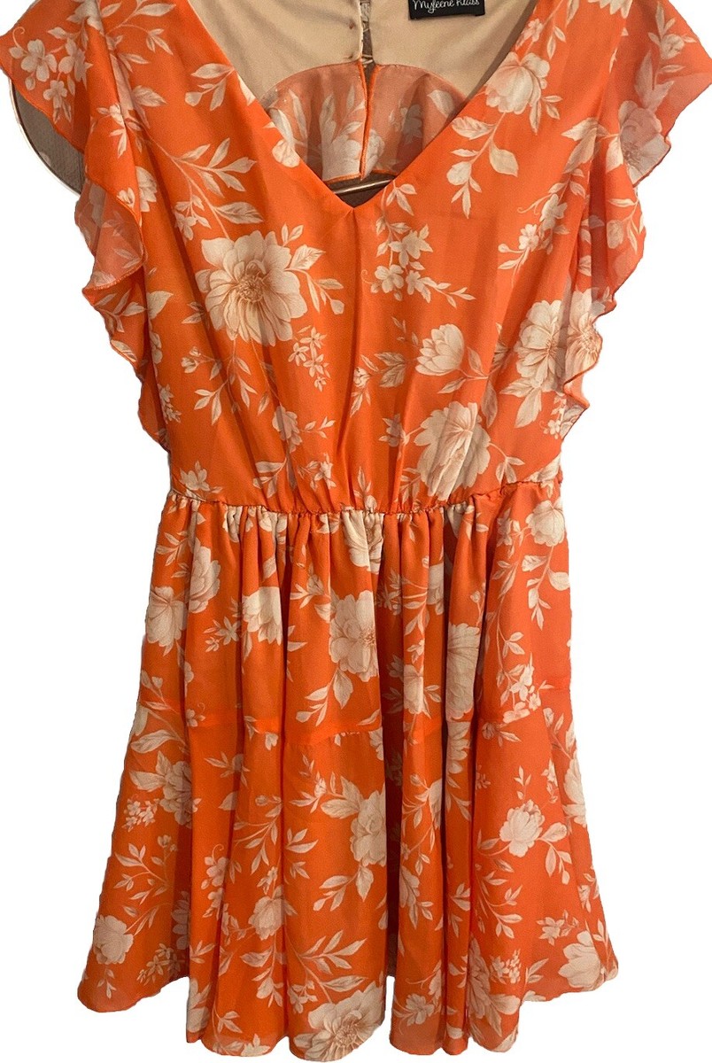 Myleene Klass Orange/White Floral Open Back Chiffon Dress Size