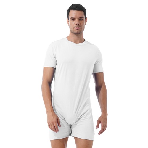Men's One Piece Short Sleeve Press Button Crotch Boxer Romper Sports Jumpsuit - Picture 16 of 47