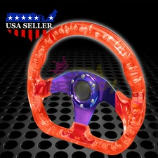 D-Shaped Steering Wheel Red 6-Holes Crystal Bubble Burnt Spoke Deep Dish