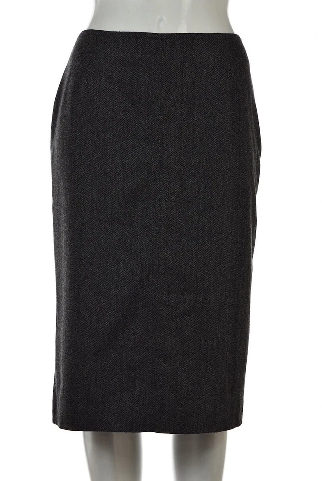 Falda Piazza Sempione Talla 46 Negra Gris Espiga Lápiz Lana Hasta la Rodilla