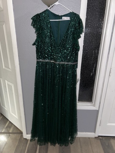 Mac Duggal Deep Green Beaded Cap Sleeve Tulle A-Line Gown Size 18 $698 - Picture 22 of 23
