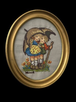 Hummel Embroidered Needlepoint Gold Framed Umbrella Children After Rain Vintage