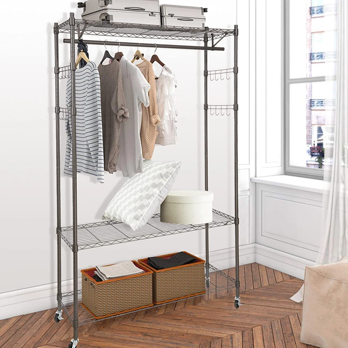 Garment Rack 3 Tiers Heavy Duty Clothes Rack Rolling Free-Standing Clothing  Closet Rack Organizer Storage Shelves with 2 Rods/Lockable Wheels/2 Side