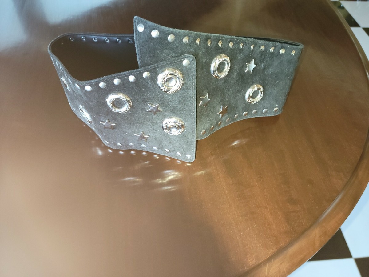 Vintage Black Suede Belt with Silver Star Studs Beltiscool Silver Star Grommets Studded Leather Jean Belt  main image 3