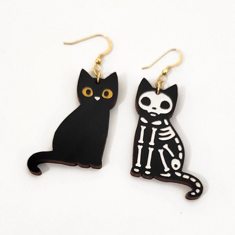 Black Cat Halloween Earrings Wooden Ear Drop Skeleton Cat Earrings Women Girl