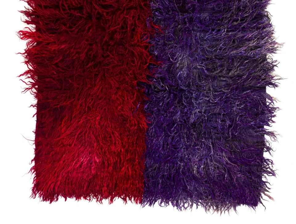 4.2x7 Ft Handmade Vintage Shag Pile Tulu Rug in Red and Violet Blue Color - Image 3 of 4