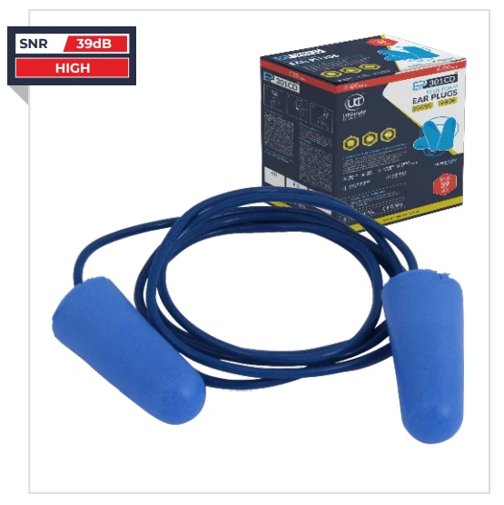 ULTIMATE INDUSTRIAL UCI EP303CD Corded Blue PU Foam Metal Detectable Ear Plugs - 100 PAIRS