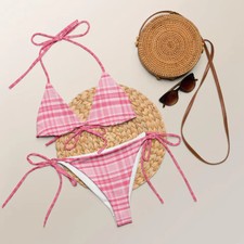 Pink Doll Plaid String Bikini Women Swimsuit Beach Pool Party Fashion