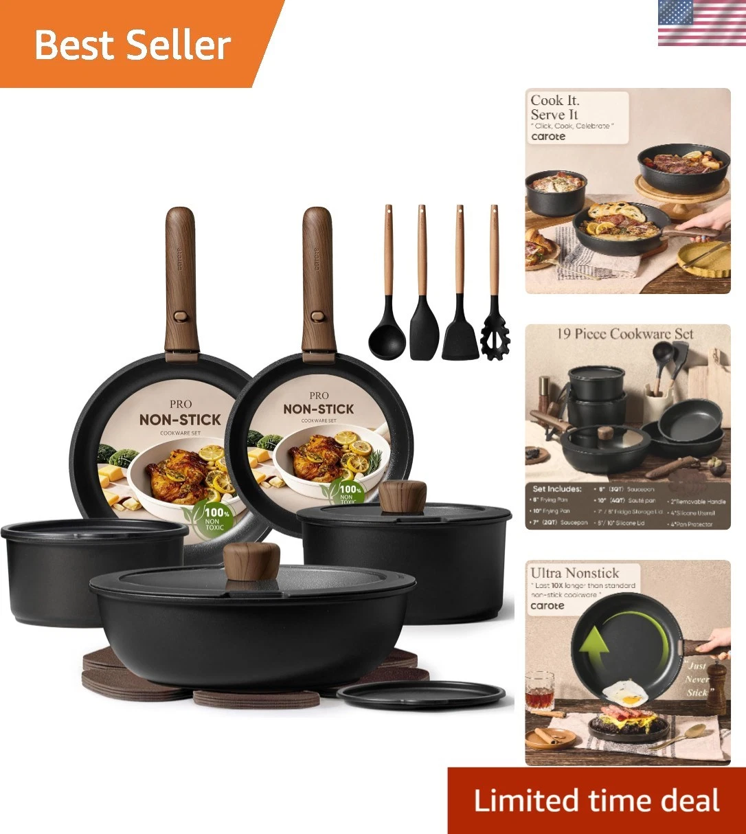 19pcs Pots and Pans Non Stick, Cookware Sets Detachable Handle, Induction Kit...