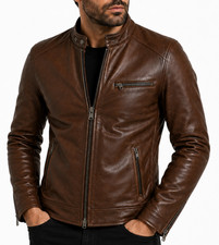 Men's Genuine Sheepskin Leather Jacket Brown Black Biker Motorcycle Coat