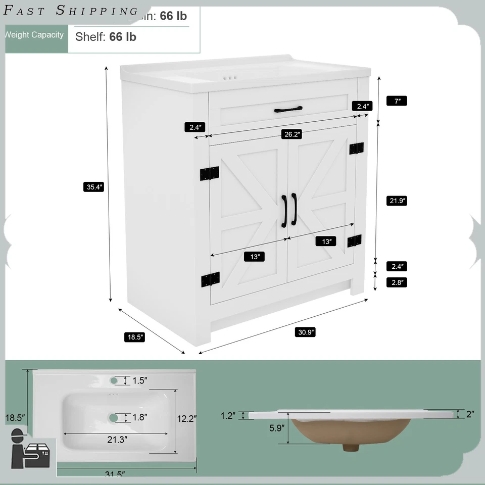 Tocador de baño de 31" con lavabo de cerámica individual armario de almacenamiento de madera con 2 puertas blanco Foto 2 de 4