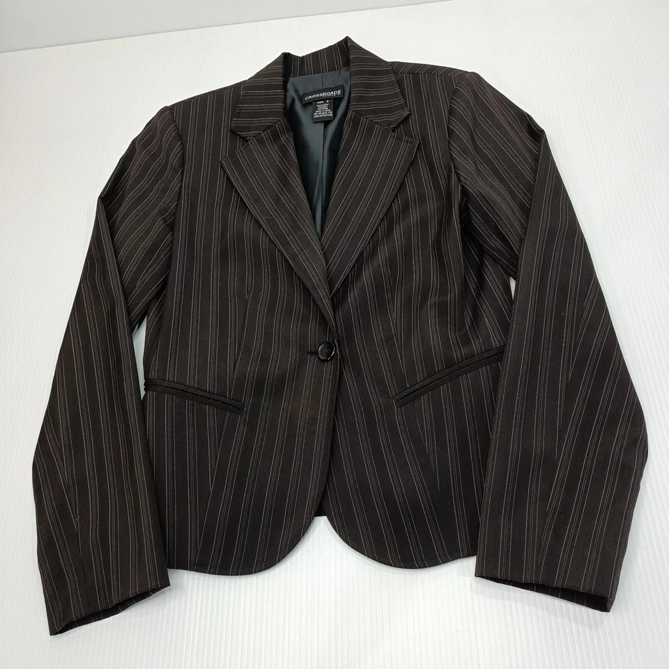 Crossroads Blazer Jacket Womens Size 8 Black Pinstripe Single Button - image 2 of 4