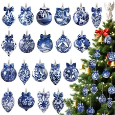 40 Pcs Christmas Chinoiserie Ornaments Blue and White Porcelain Wooden Creative