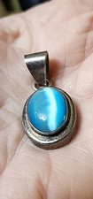 Vintage Modernist Mexico Sterling Silver 925 Blue Cats Eye Pendant New In Bag
