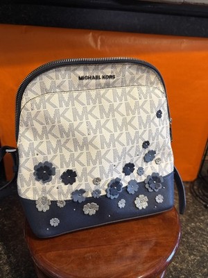 Michael Kors Abbey Mini Backpack Blue And White MK Signature Floral Appliqué