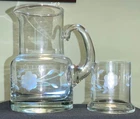 Vtg  Tiffany Style Etched Crystal Tumble Up/Bedside Decanter & Cup  7” Ht Floral
