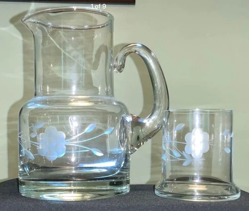 Vtg  Tiffany Style Etched Crystal Tumble Up/Bedside Decanter & Cup  7” Ht Floral