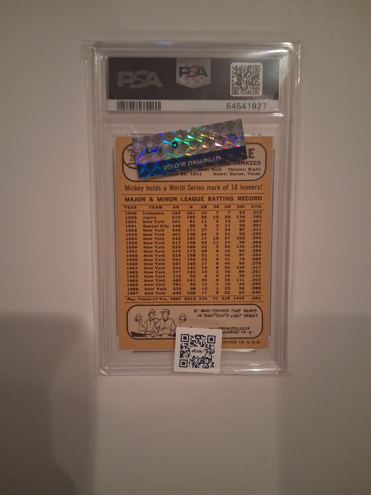 1968 Mickey Mantle Psa 6🔥 view 2