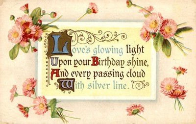 Birthday wishes, glowing light, silver lining, getting older, missing, Postcard