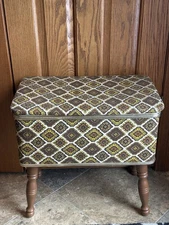 Vintage Burlington Sewing Stool MCM Box Basket Storage Bench Diamond Pattern