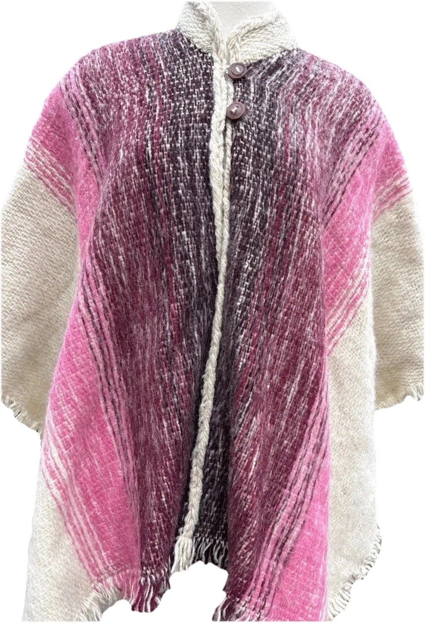 Vintage Mohair/Wool Cape Sweater Poncho Sz O/S Beige Pink Burgundy Striped