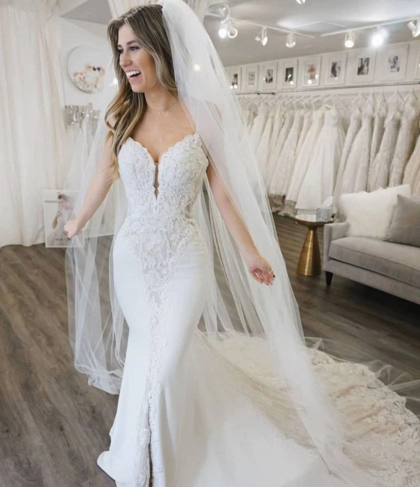 Fit Flare Crepe Meerjungfrau Spitze Brautkleid Hochzeitskleid cut-out Schleppe - Bild 4 von 4