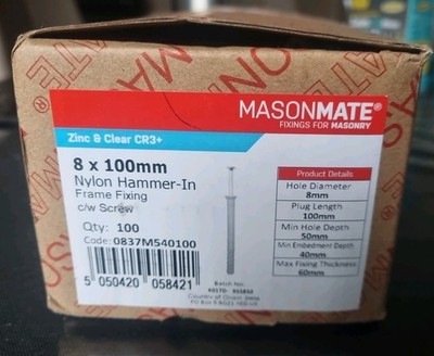 Masonmate 8 × 100 mm Nylon Einhammer Rahmen Befestigung c/w Schraube Stck 100