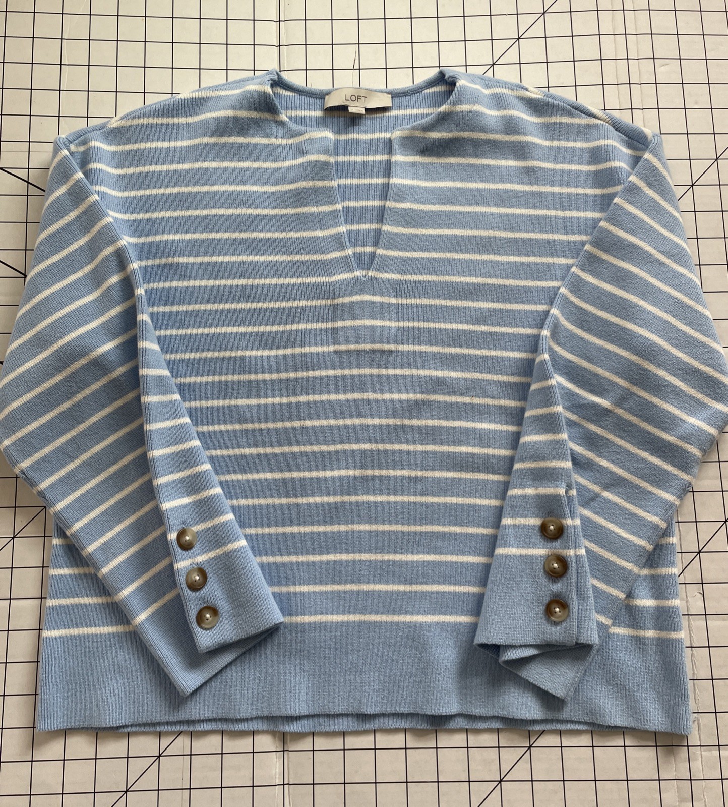 Loft Striped Button Sleeve Split Neck Sweater Siz… - image 1