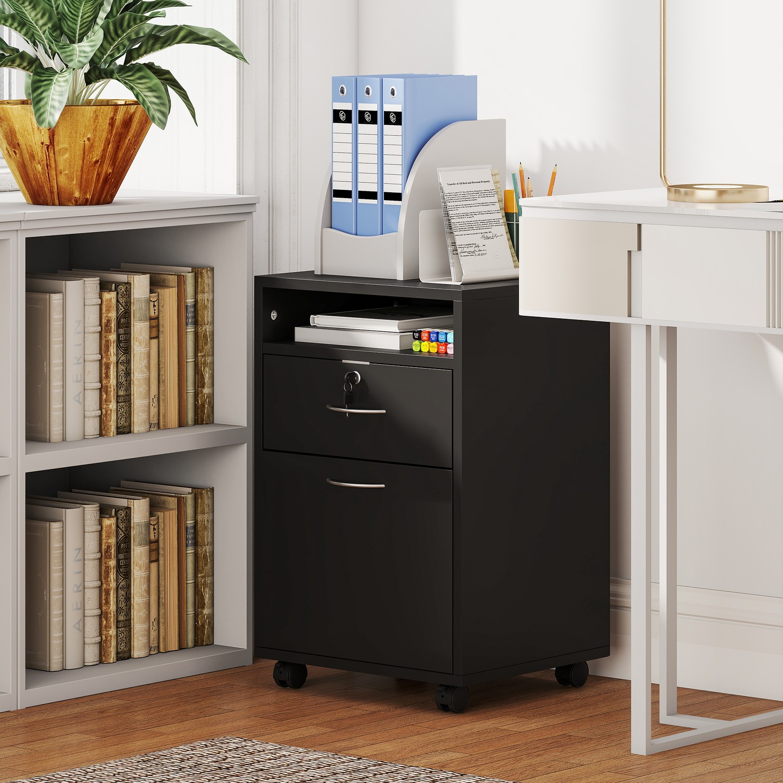 Mobile Filing Cabinet with Drawer Compartment Wheels for Home Office Black