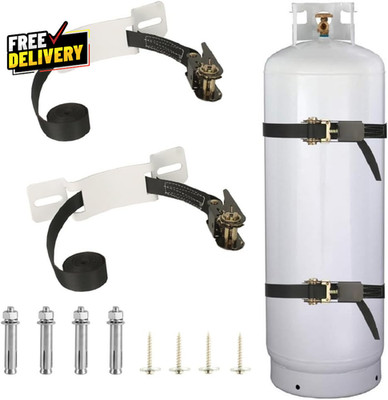 Wall Mounted Propane Tank Holder Brackets with Ratchet Straps White Set of 2 