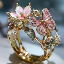 INS Flower Butterfly Ring With Rhinestones And Oil Dropping Design Fashion Perso