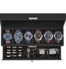 6-Slot Watch Box Organizer, Glass Lid, 2-Layer, Removable Pillows, Black Leather