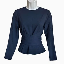Dress the Population Andreas Wrap Belt Top Size S Navy Blue Crepe Officecore