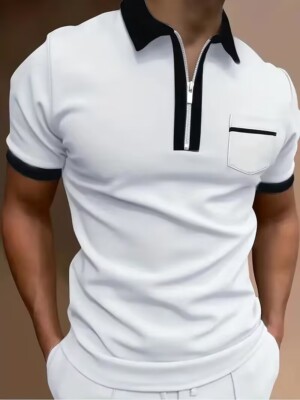 Polo Shirt Zipper Collar Off White Solid Zip Golf Sport Men's Black Trim T Shirt