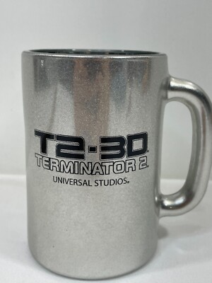 Vintage Terminator 2 T2-3D Ride Universal Studios Souvenir Mug Cup Glass Chrome