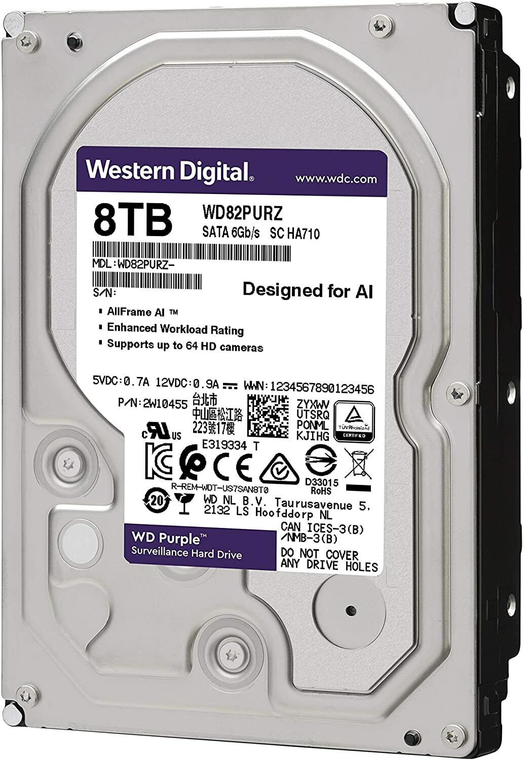 WESTERN DIGITAL DISQUE DUR INTERNE 3.5” 8TO, PURPLE (SURVEILLANCE)