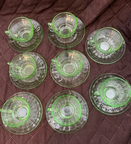 8 Vintage Block Optic Glass Uranium Green Depression Coffee Cups & Saucers