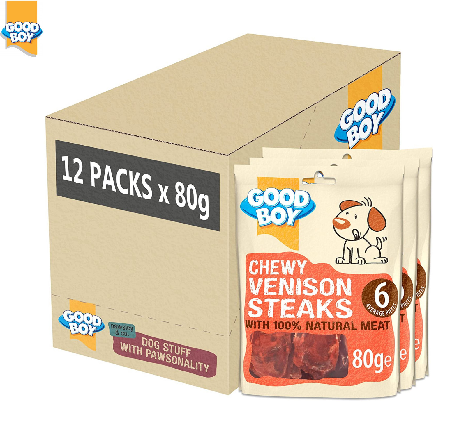 CASE OF 12 GOOD BOY CHEWY VENISON STEAKS DOG PUPPY TREATS NATURAL MEAT 80G