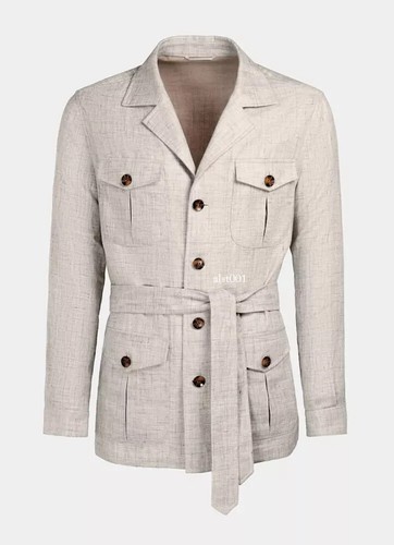 Retro Mens Cotton Linen Safari Jacket Breathable Belted Hunting Coat Casual Tops - Picture 9 of 17
