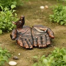 Cupped Hands Bird Feeder and Bath, Copper Cast Iron Garden Decor