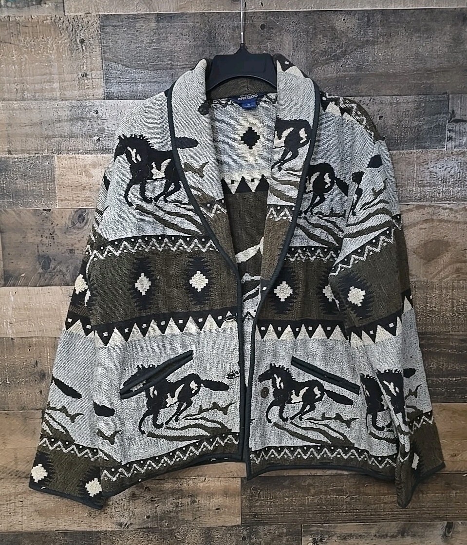 VTG Aztec Jacket Blazer Women XL South Western Tapestry Cabincore Horses READ