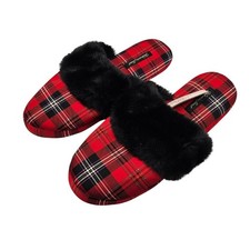 Victoria's Secret Sz S Satin Slippers in plaid red with black faux fur trim