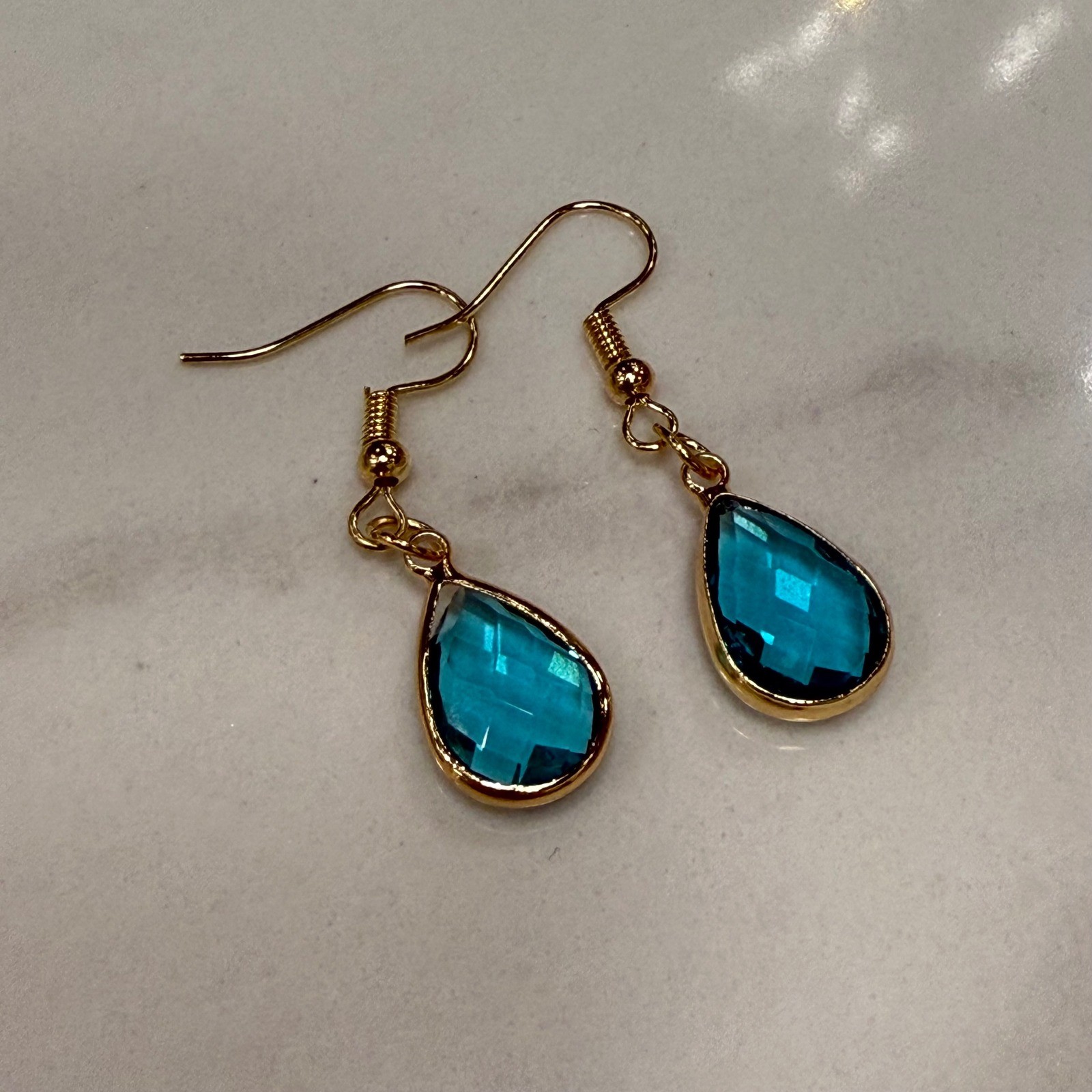 Teardrop Earrings Gold Tone Frame Aqua Blue Faceted Drop Earrings