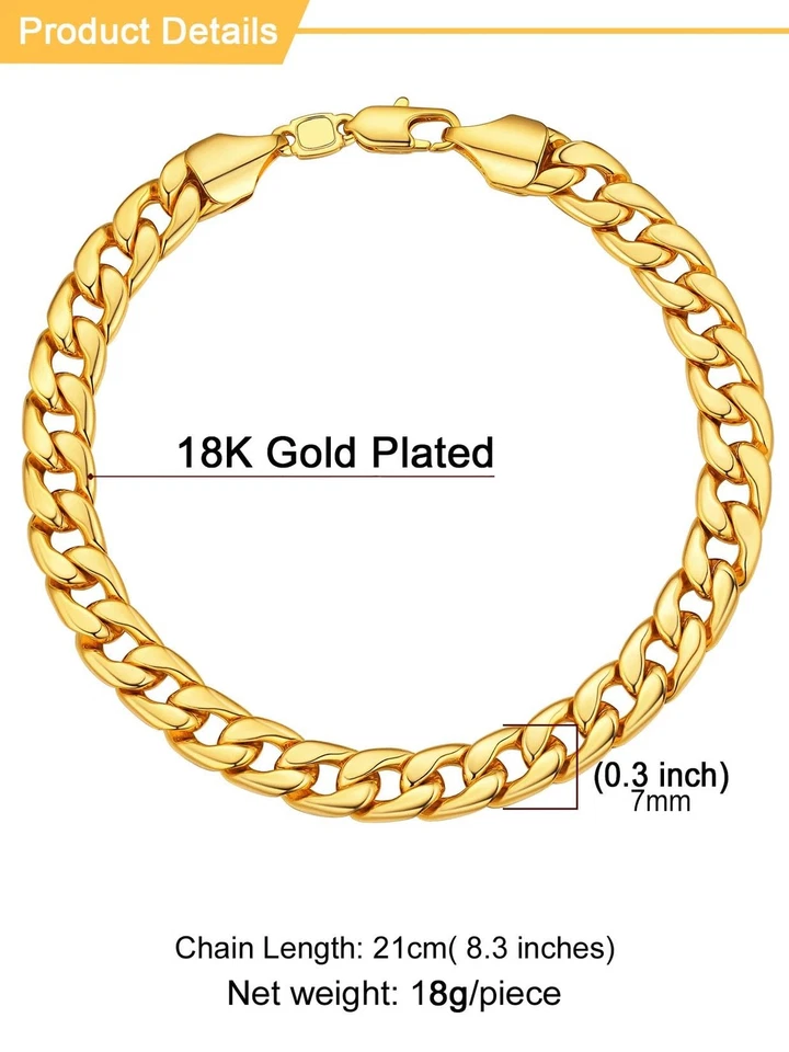 Brazalete de eslabones cubanos chapado en oro de 18 quilates de acero inoxidable cadena Miami de 7 mm de 8,3" Foto 4 de 4