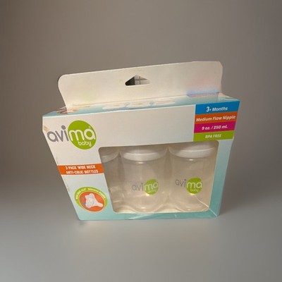 Avima 3-Pack Wide Neck Anti-Colic Baby Bottles 9oz BPA-Free Medium Flow