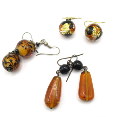 Lot of Three Art Glass Brown Black Pierced Earrings Dangles Vintage Beaded